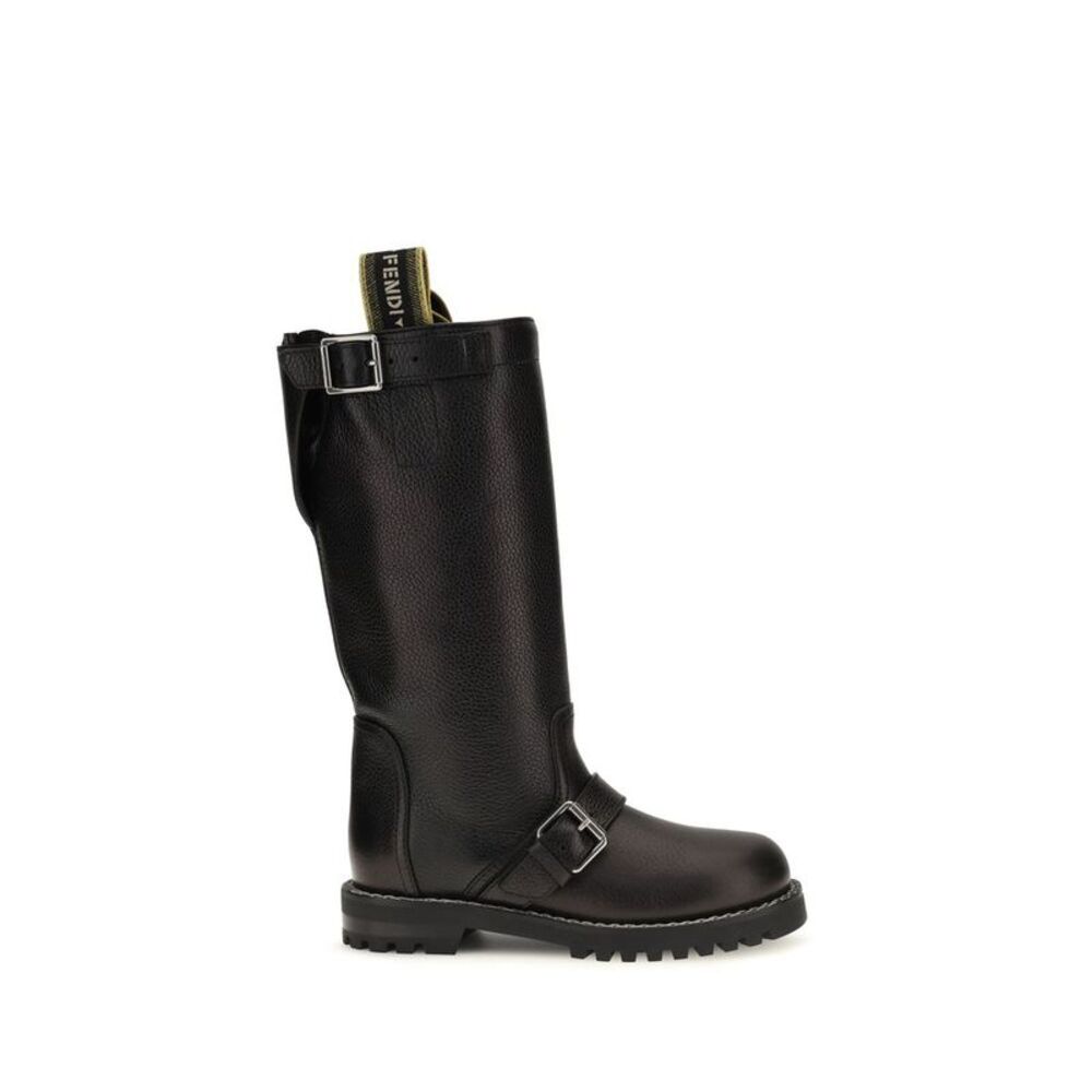 Fendi Black Calf Leather Bos Taurus Lace-Up Women's Boots